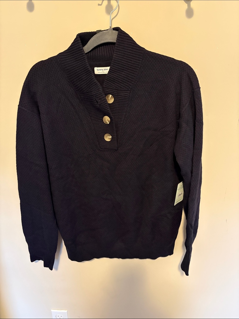 Tommy John Navy V-Neck Sweater with Gold Buttons